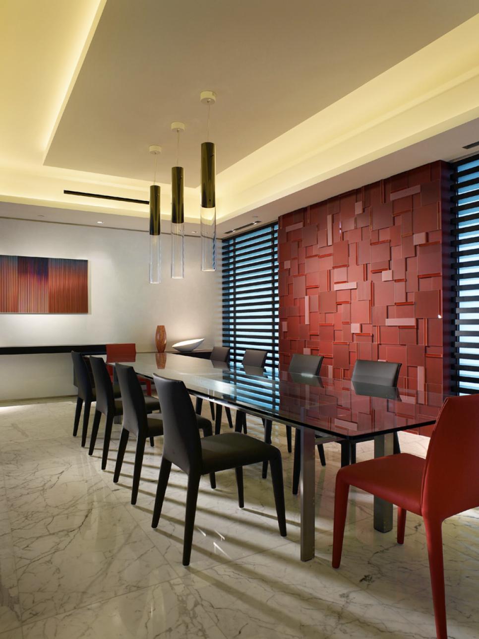 Modern Dining Room With Red Glass Feature Wall