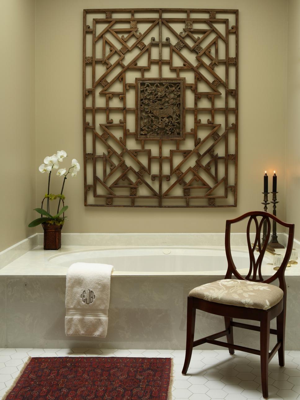 Bathroom With Wooden Artwork