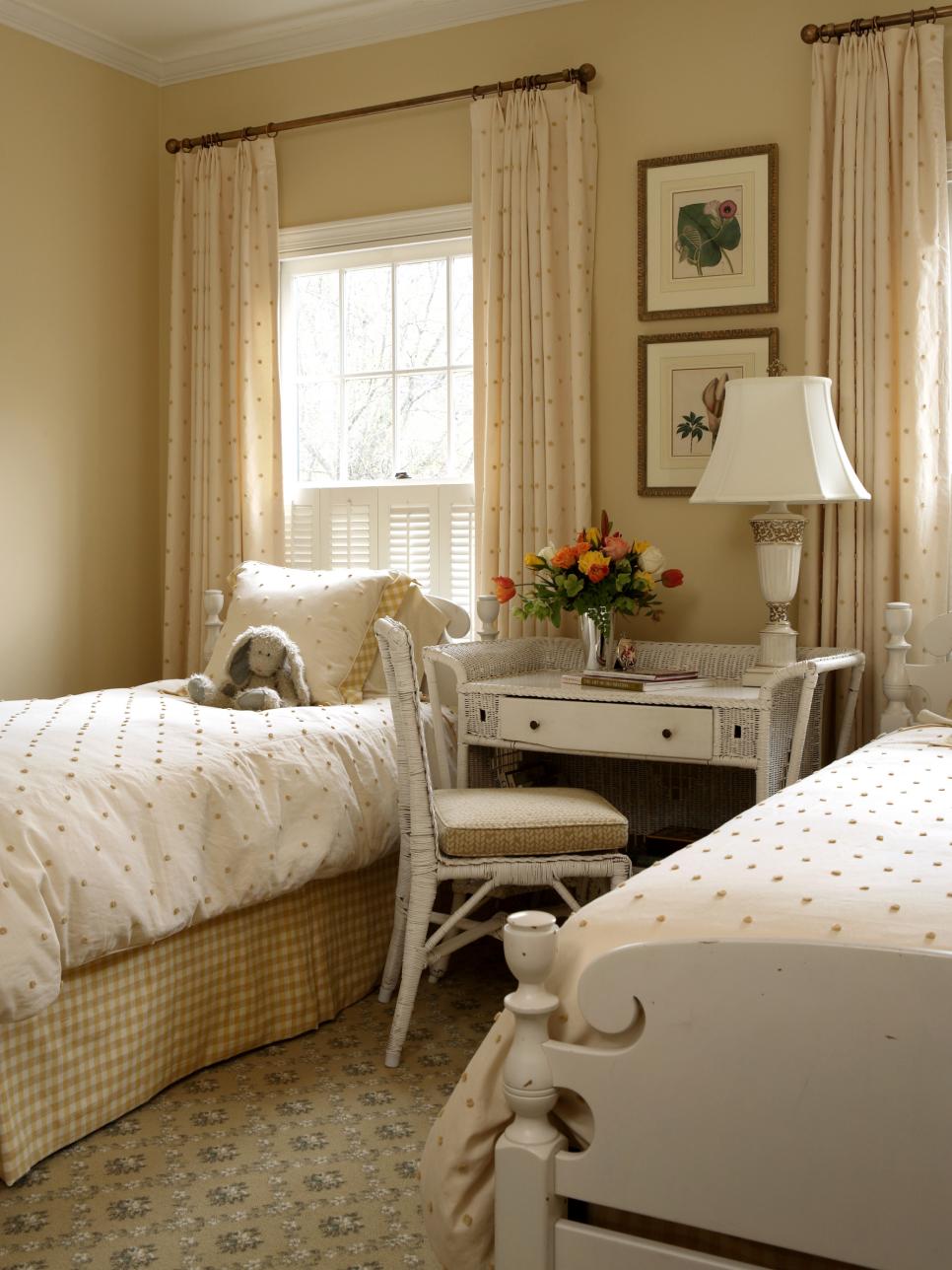 Beige Bedroom With White Twin Beds and Vintage Wood Desk 