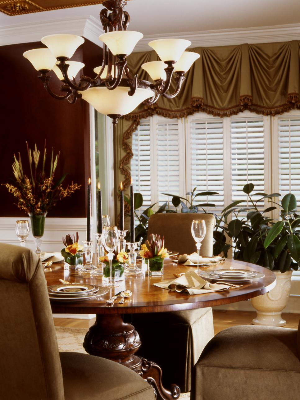 Formal Brown Dining Room with Greenery Accents