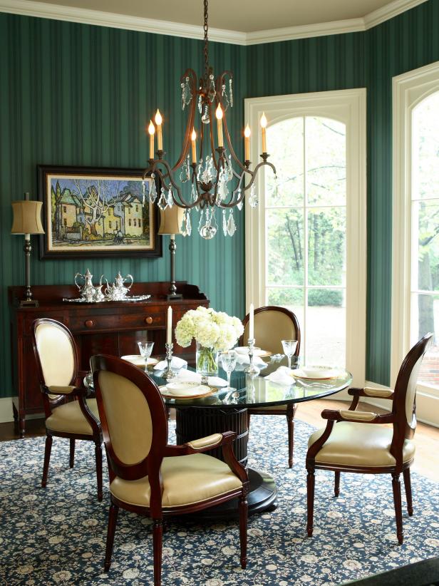 Emerald Green Dining Room With Striped Wallpaper | HGTV