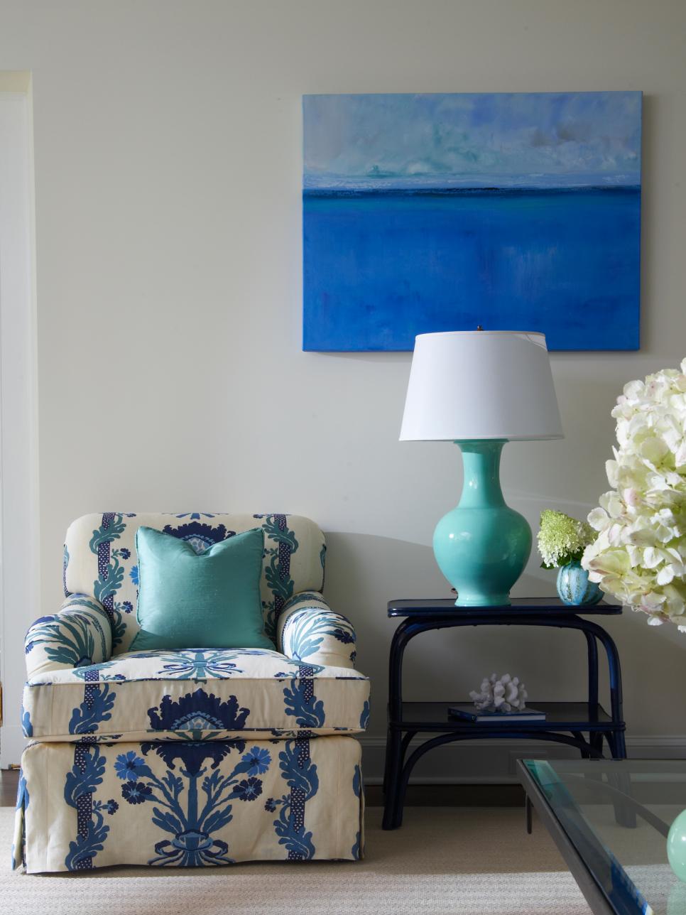 Unique Armchair and Side Table With Blue Painting and Turquoise Lamp