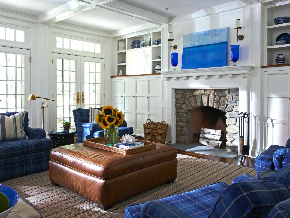 Nautical Living Space With Blue Plaid Chairs and Leather Ottoman
