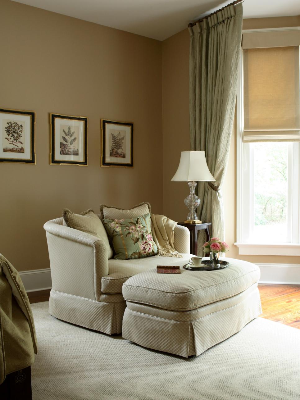 Neutral Living Area With Sage Green Curtains