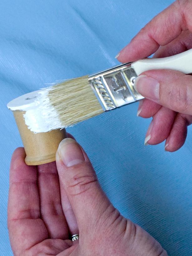 Paint the spools, finials and trim pieces white with the same paint and the smaller brush (Images 2-4). Let dry. Re-coat as necessary.