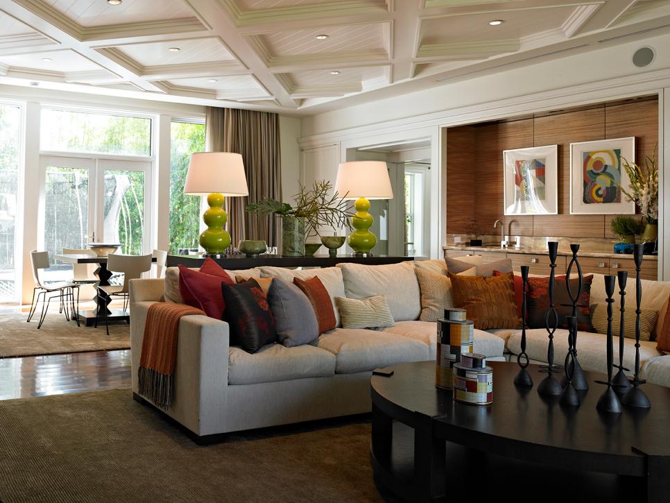 Contemporary Living Room With Coffered Ceiling and Green Lamps