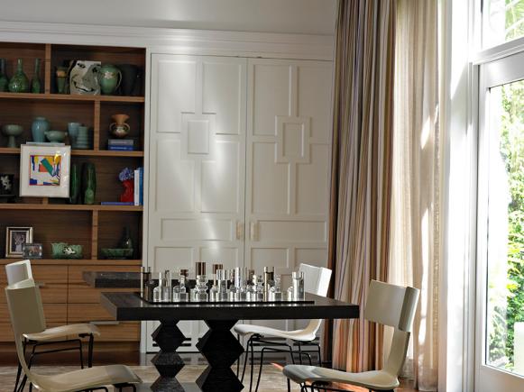 Game Room With Contemporary Furniture and Ornate, Geometric Moldings