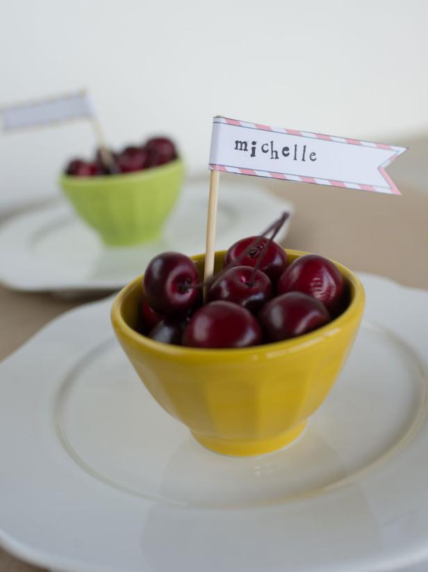 Toothpick Name Tag Flags in Bowl of Cherries