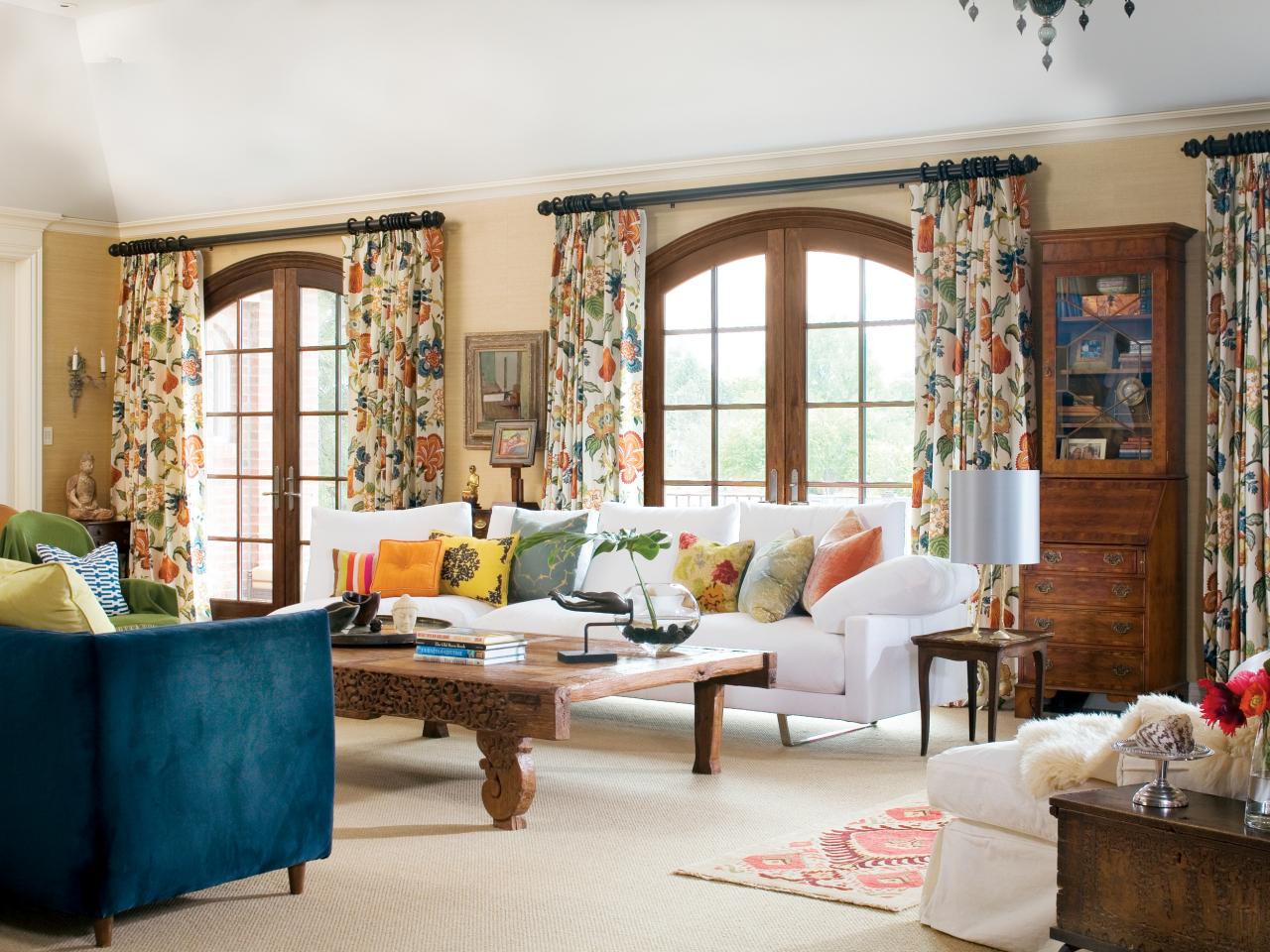 floral drapes in living room