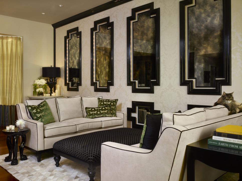 Transitional Black and Beige Living Room With Framed Antique Mirrors