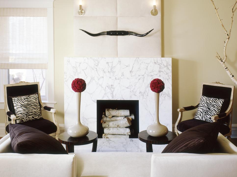 Eclectic White Seating Area With Marble Mantel