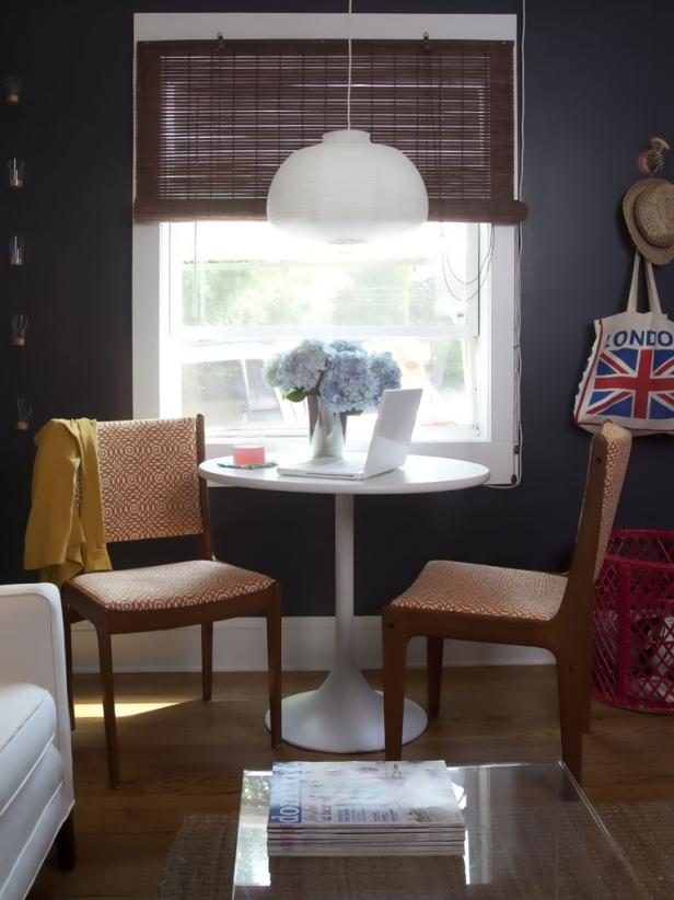 Navy Contemporary Dining Area With White Pedestal Table Navy Contemporary Dining Area With White Pedestal Table
