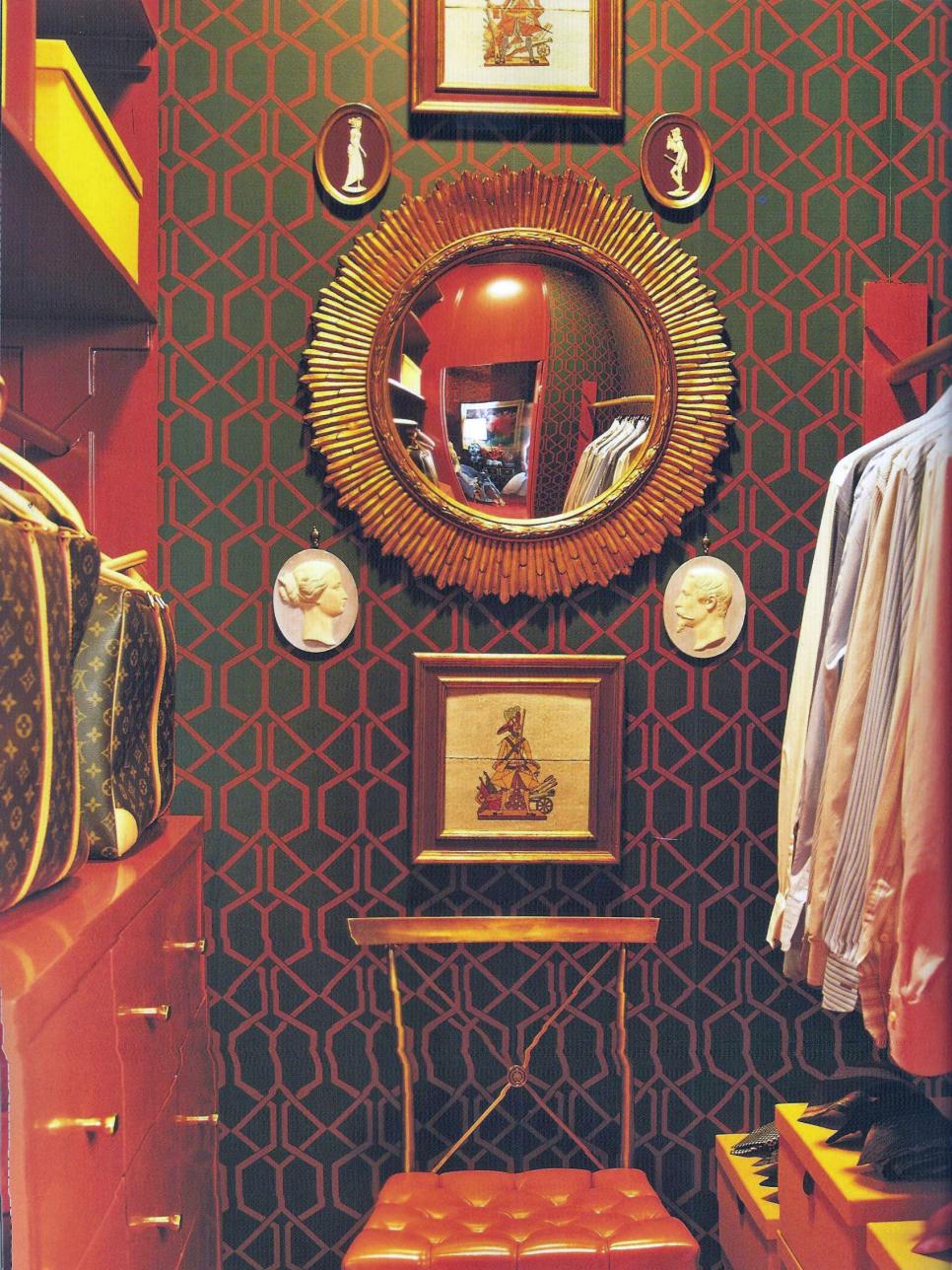 Stylish Walk-In Closet With Vintage Flair Green and Orange Eclectic Closet