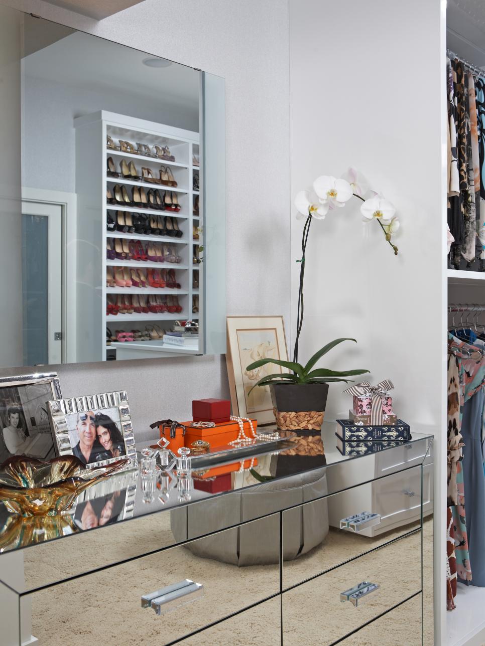 Mirrored Dresser in Girl's Walk-In Closet Organized Walk-In Closet with Mirrored Dresser
