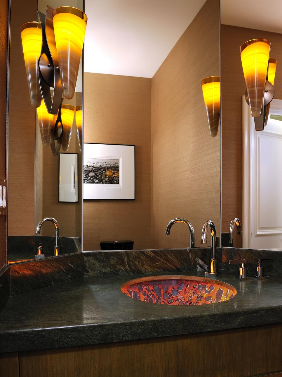 Elemental Contemporary Bathroom With Lava Red Sink and Yellow Sconces