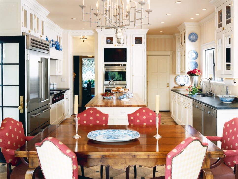 White Traditional Kitchen With Red Polka Dot Chairs