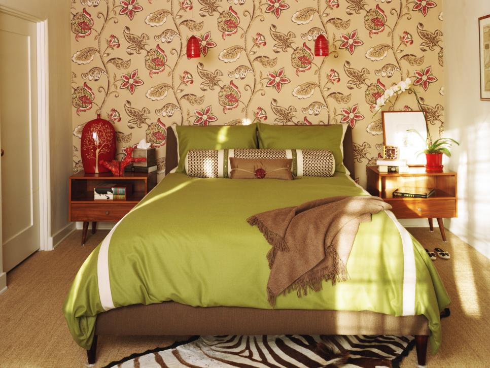 Master Bedroom With Floral-Pattern Wallpaper and Zebra-Print Rug