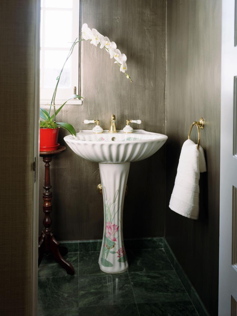 Gray Powder Room With Patterned Pedestal Sink