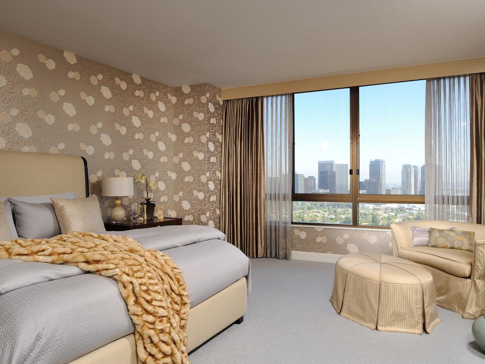 Bedroom With Floral Wallpaper and Bird's-Eye Skyline View