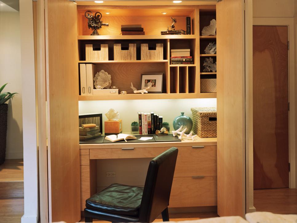 Hidden Home Office in Living Room Closet With Built-In Desk