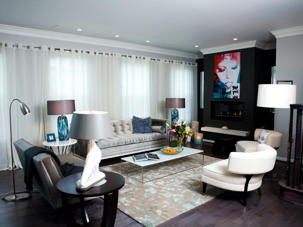 Contemporary Gray Living Room With Black Fireplace
