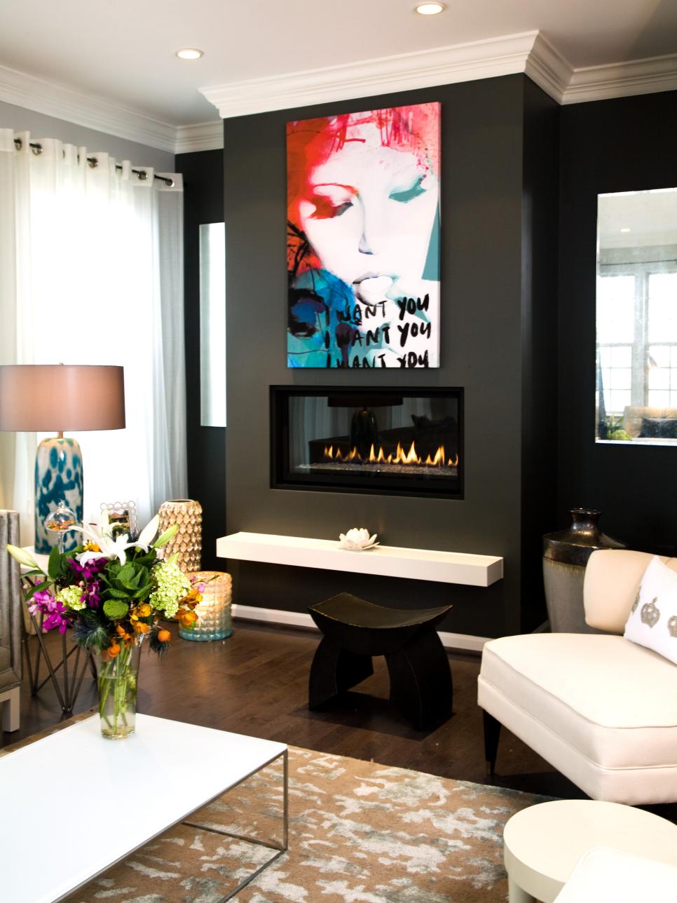 Black and White Contemporary Living Room With Modern Gas Fireplace 