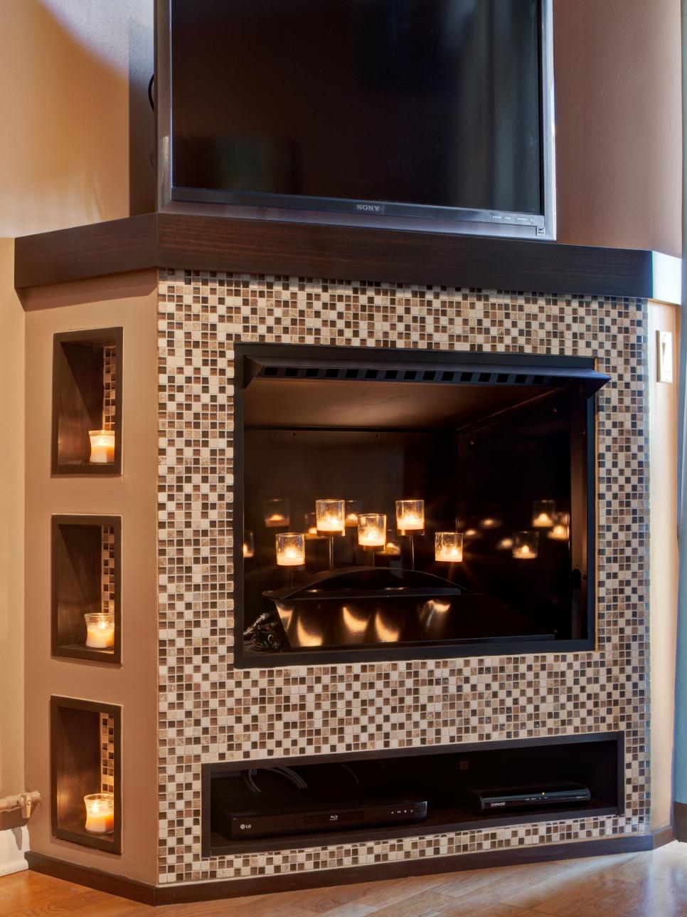 Brown-Tiled Fireplace and Entertainment Center