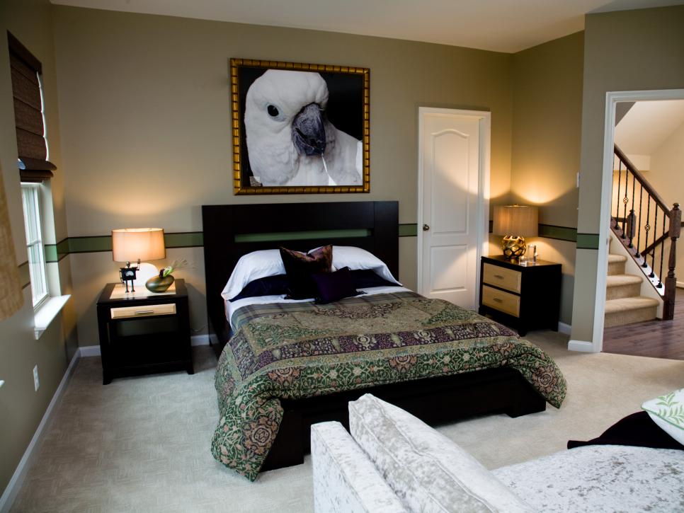 Neutral and Green Contemporary Bedroom With Bird Portrait