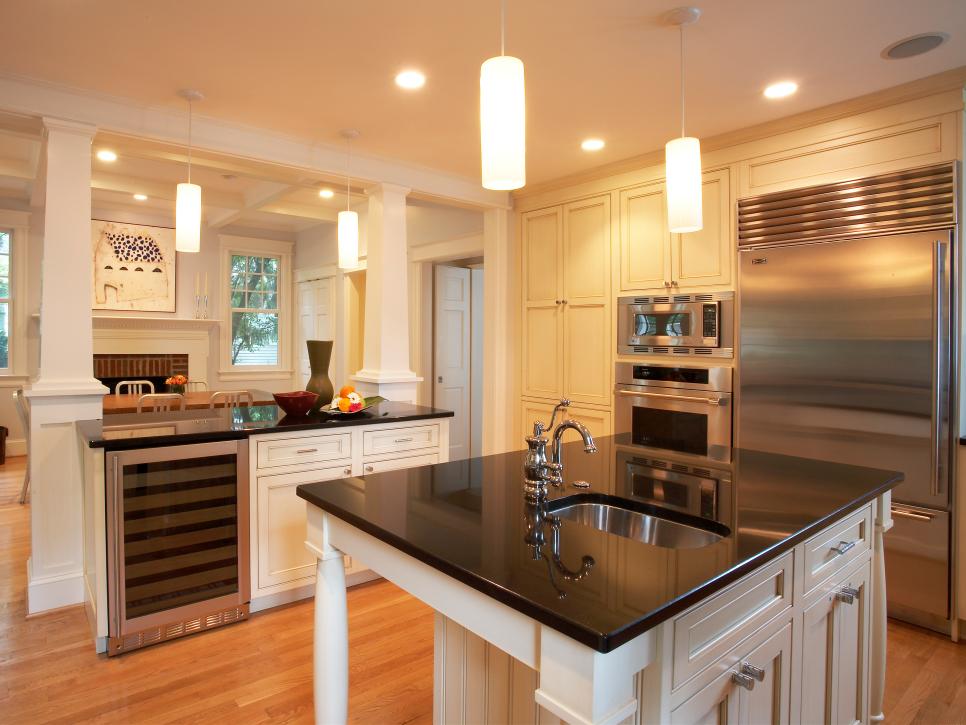 Black and White Kitchen with Modern Lighting