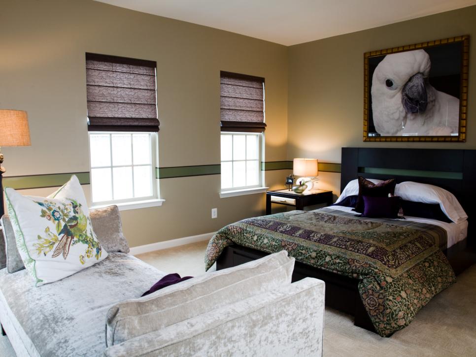 Neutral Bedroom With Large Cockatoo Artwork and Velvet Daybed
