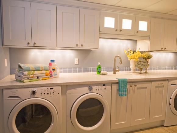 Light Blue Transitional Laundry Room With White Cabinetry