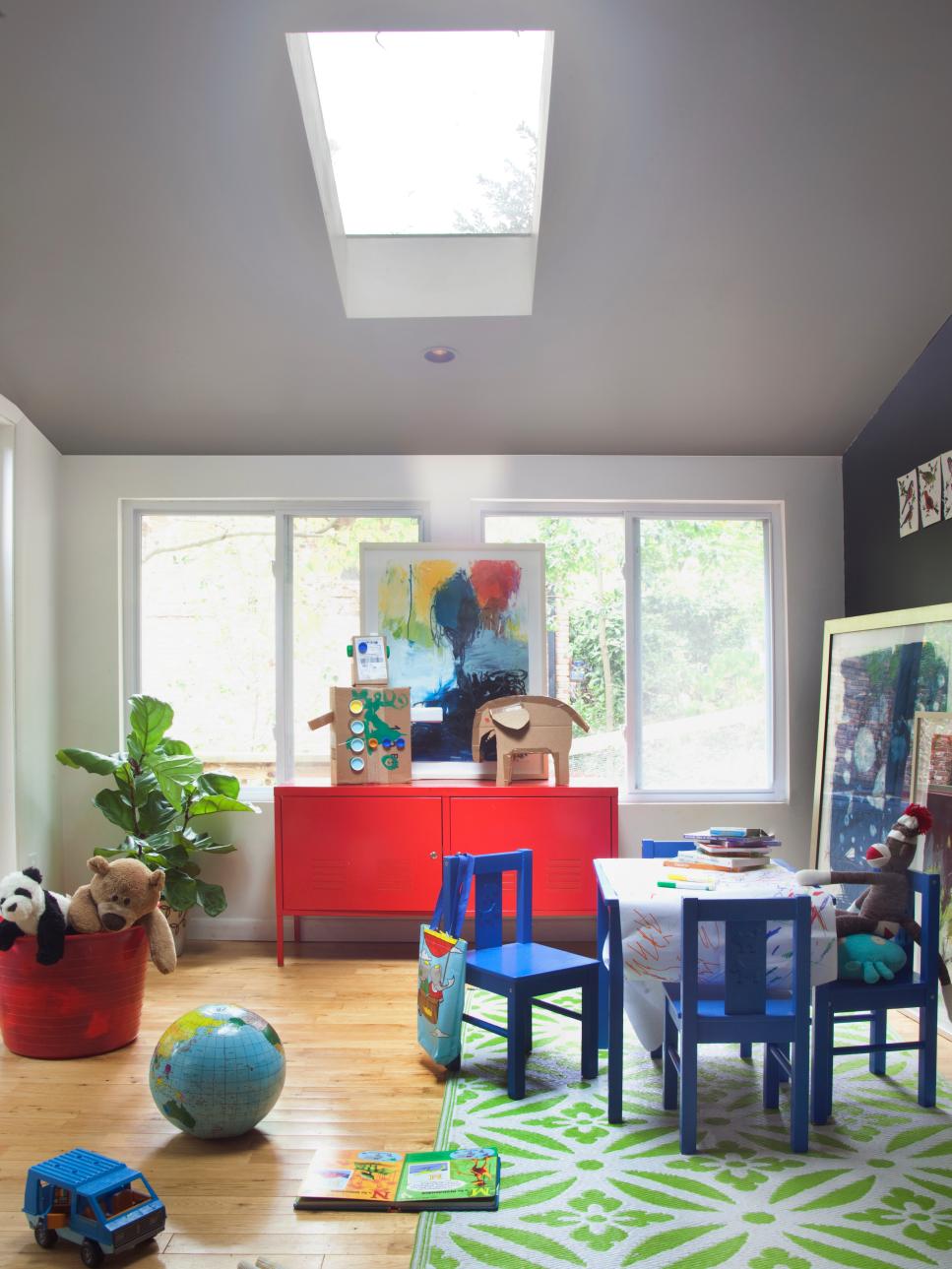 Eclectic Playroom With Green Area Rug 
