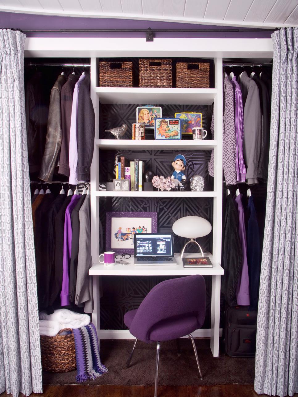 Organized Closet With Purple Curtains Purple Modern Closet With White Shelving Unit