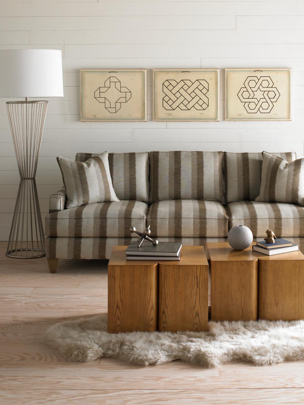 Neutral, Transitional Living Room Full of Natural Textures Neutral, Transitional Living Room With Striped Sofa