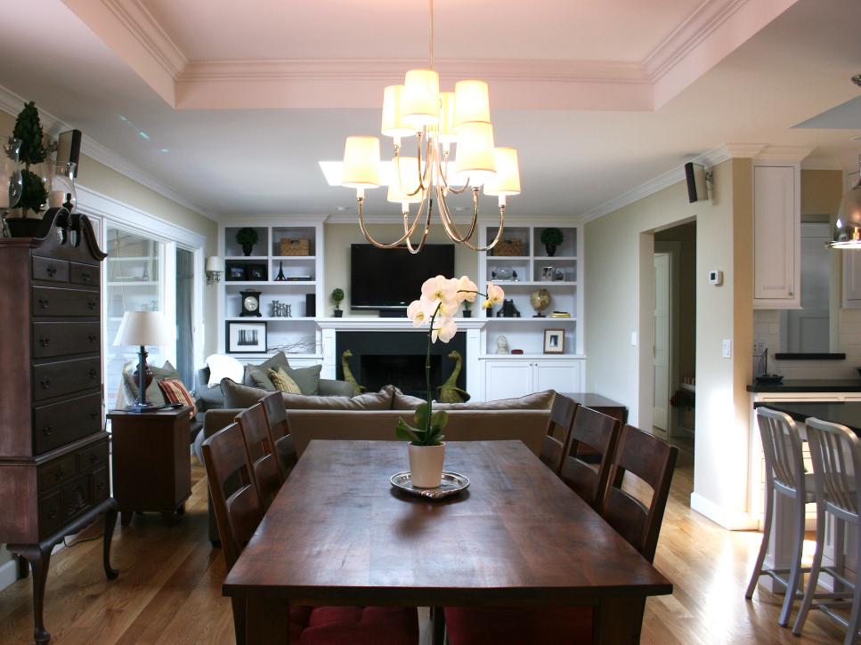 Open Layout Dining Room With Traditional Table Dining Room Table With Lampshade Chandelier