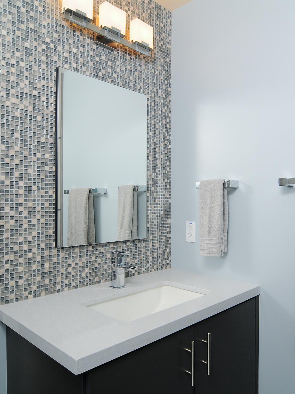 Modern Blue Bathroom With Mosaic-Tile Backsplash