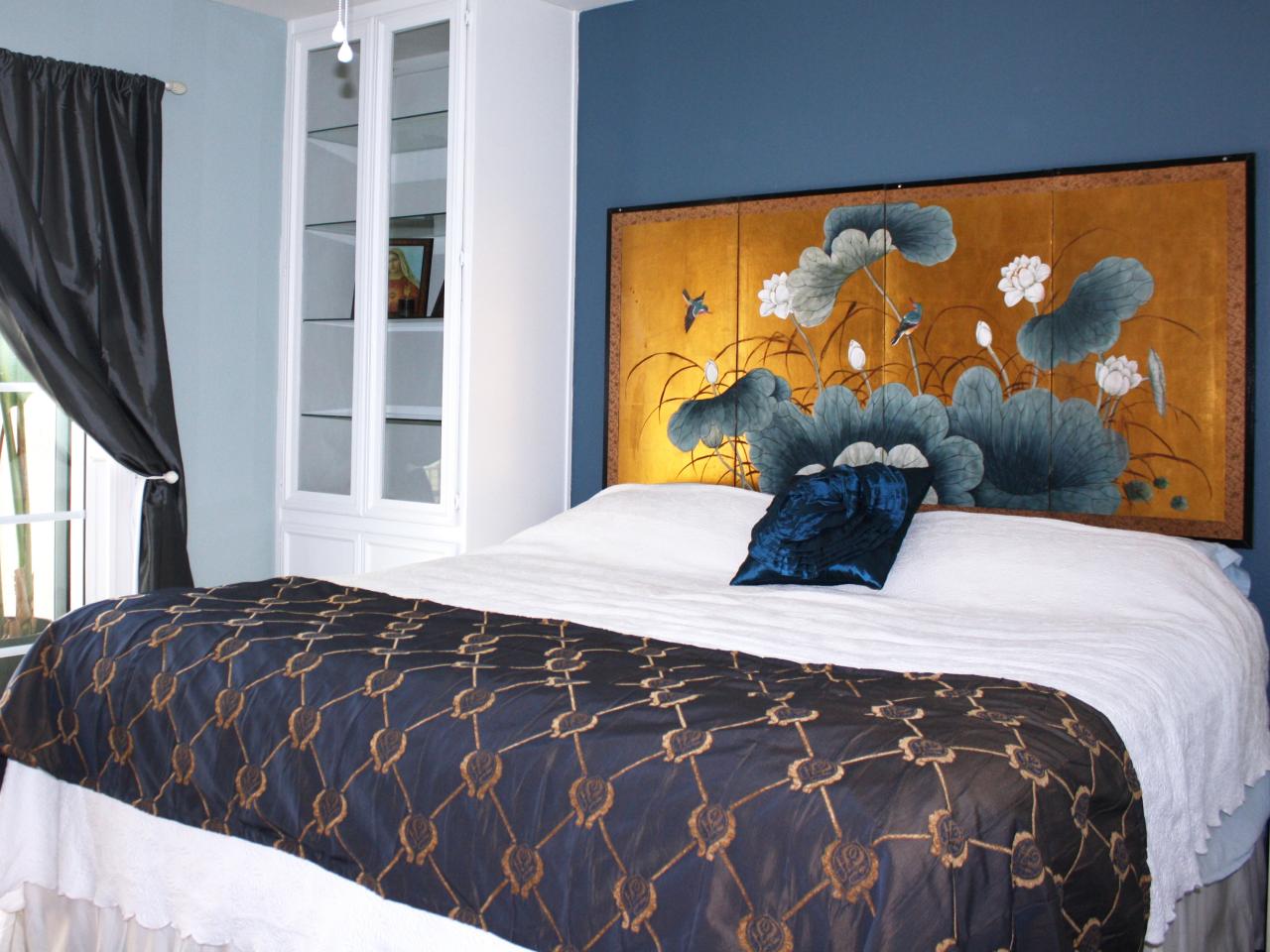 asian blue bedroom with gold paneled headboard a four paneled gold art ...