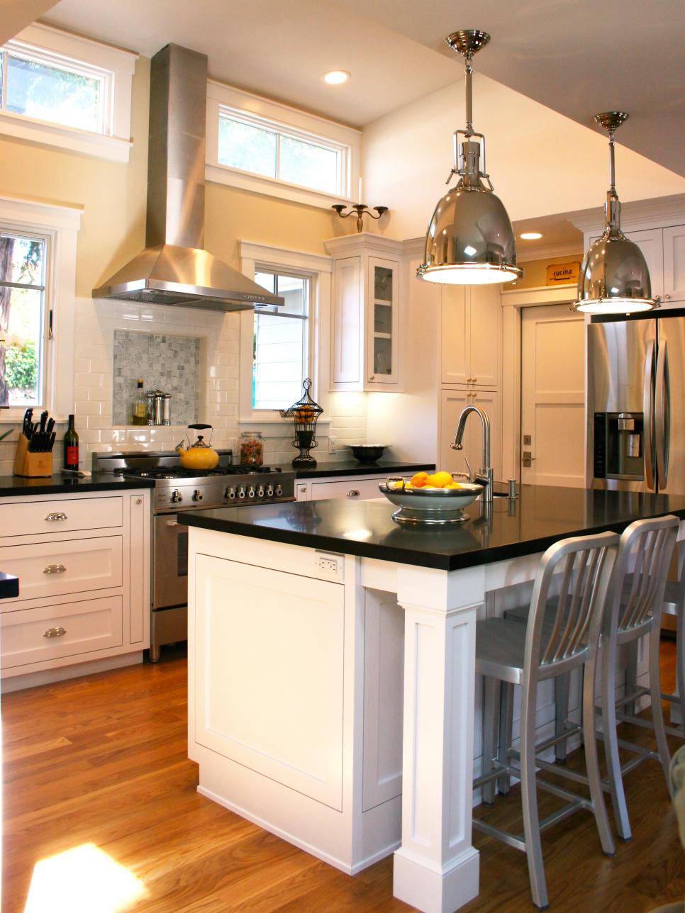 Transitional Kitchen With Industrial Pendants Over Island Eat-In Kitchen With Industrial Pendants Over White Island