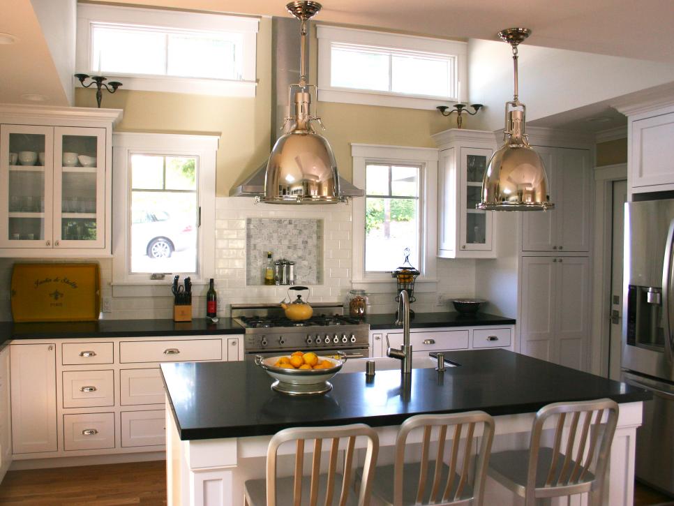 Black-And-White Transitional Kitchen With Metal Stools
