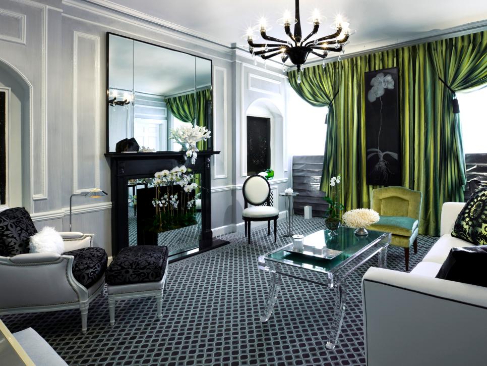  Living Room With Green Satin Drapes