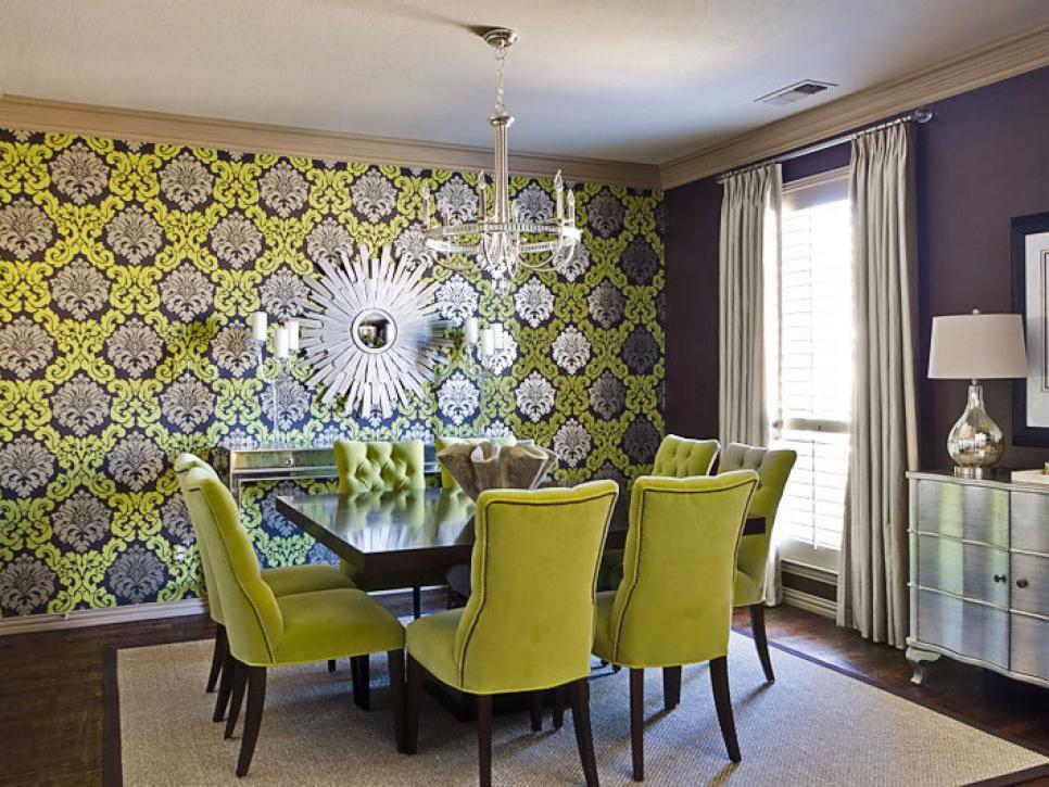 Dining Room with Green and Silver Wallpaper