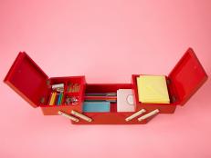 Red Sewing Box Holding Desk Supplies