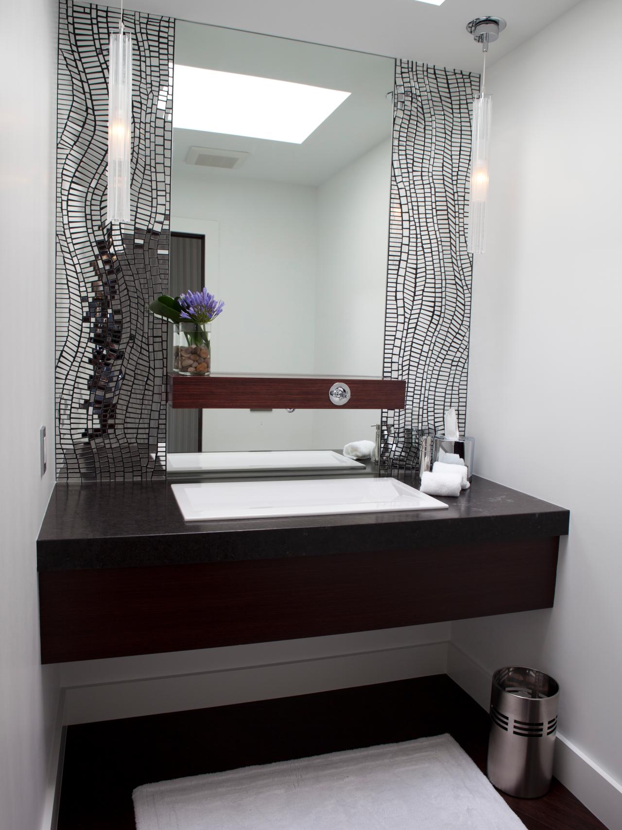 contemporary bathroom vanity with silver mosaic tile wall mirrored 