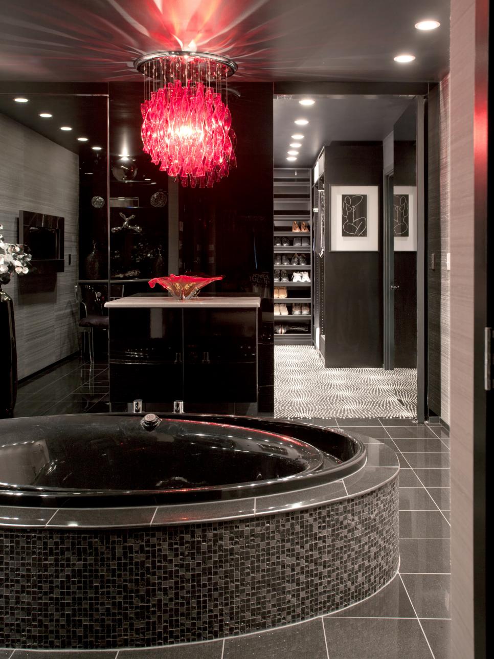 Black Bathroom With Round Bathtub and Luxury Closet