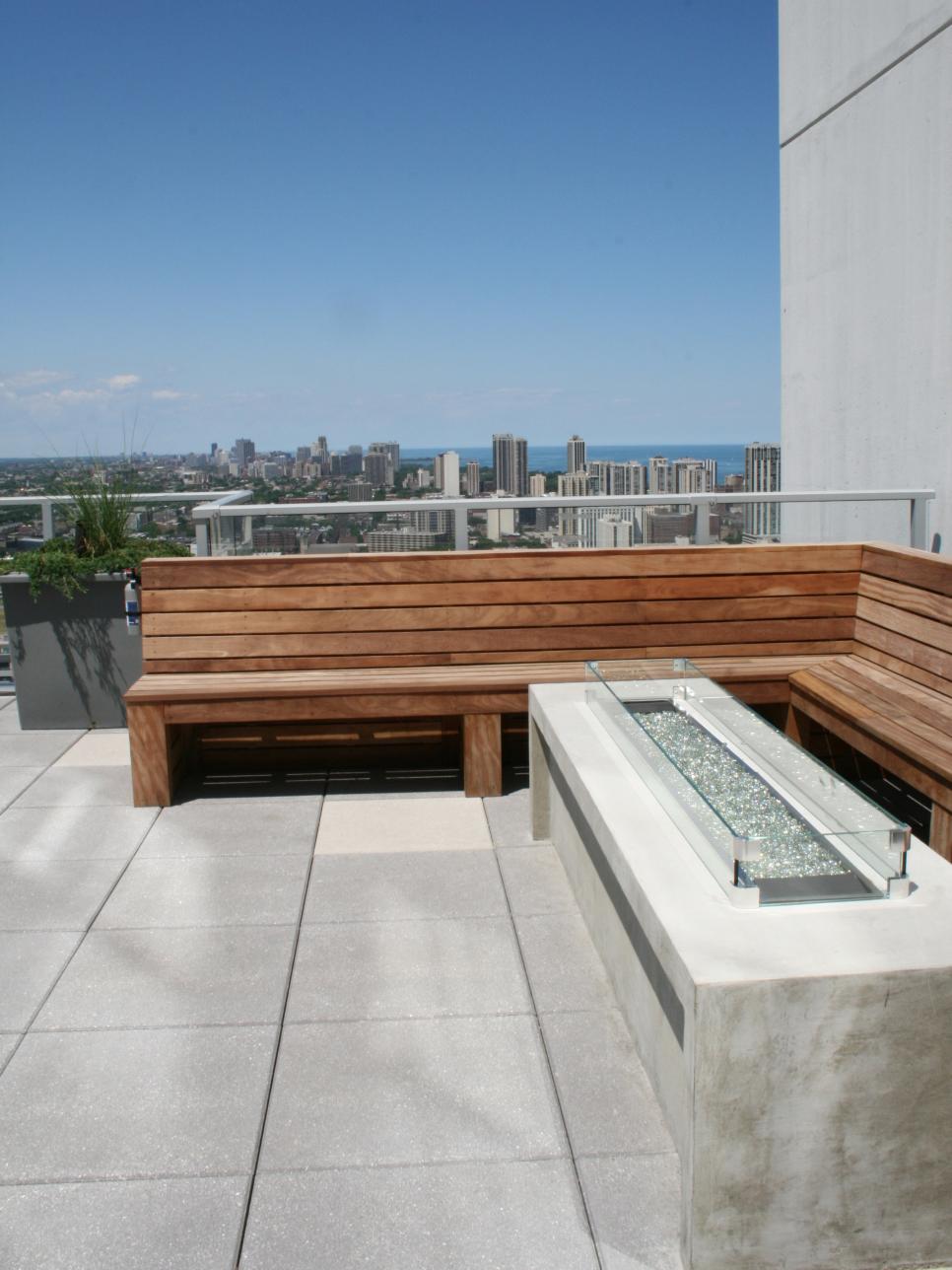 Rooftop Patio with Tropical Hardwood Benches and Custom Fire Pit
