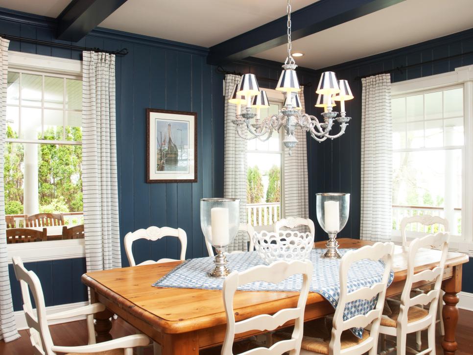Country-Style Dining Room With Blue Wall Paneling