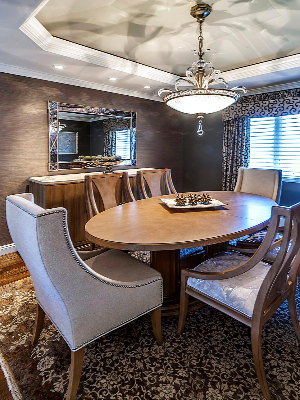 Dining Room With Round Table, Tray Ceiling and Crystal Chandelier