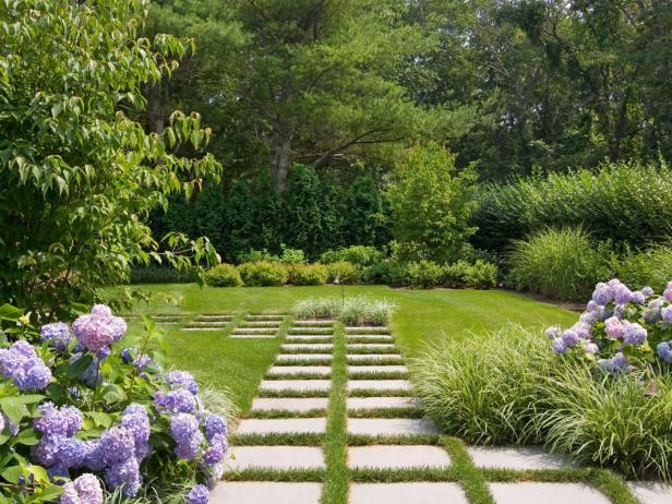 English Country Stone Pathway With Purple Hydrangea English Country Stone Pathway With Purple Hydrangea