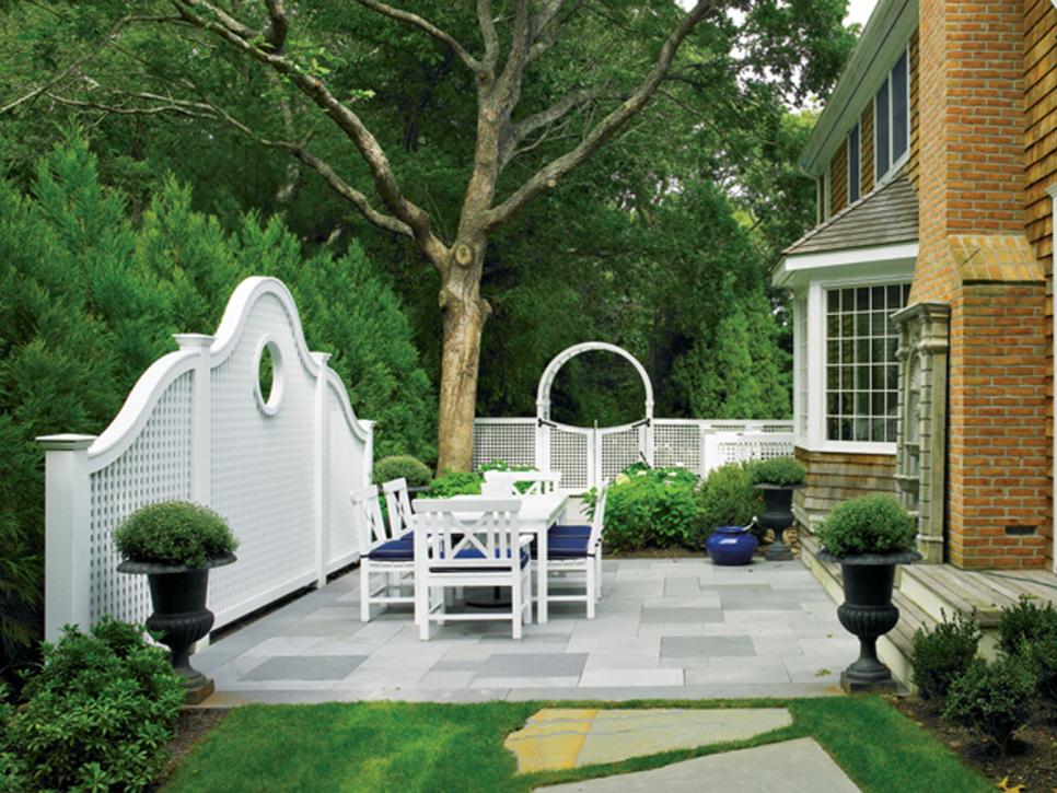 Outdoor Patio with White Lattice Fence 