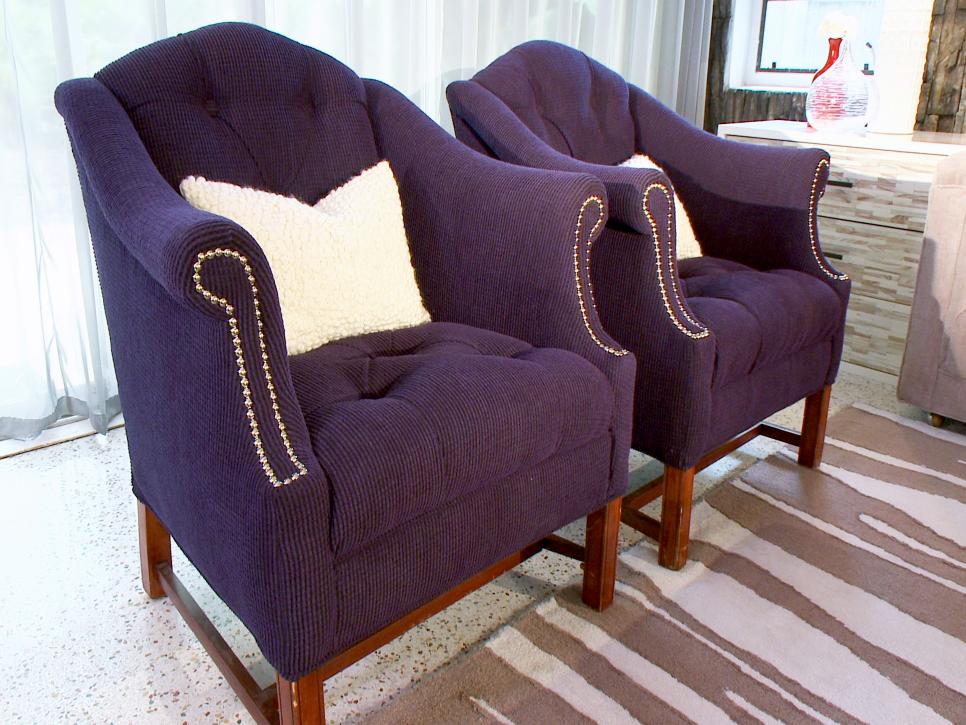 Two Matching Traditional Tufted Purple Armchairs With Nailhead Detail